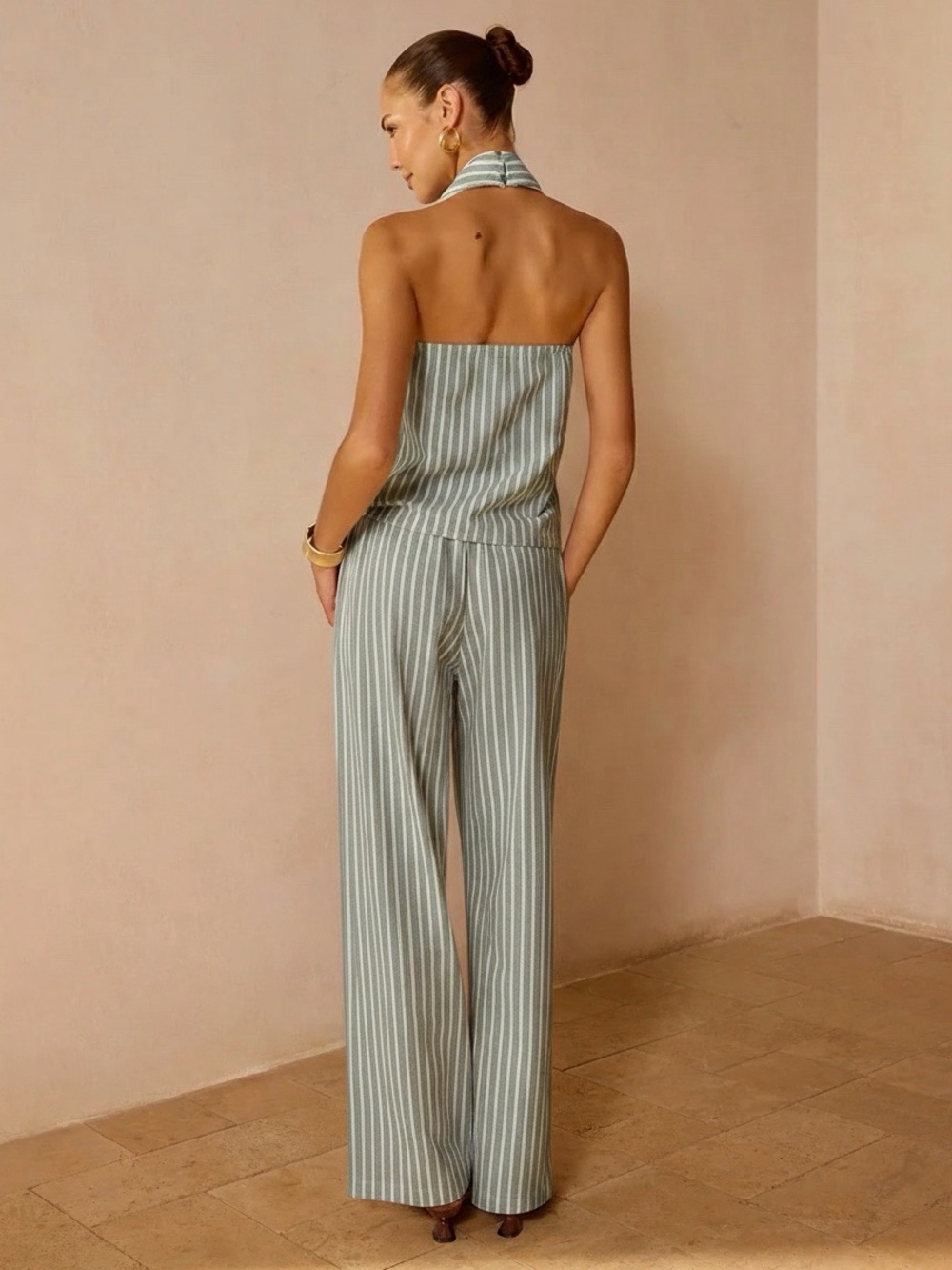 Commmense Striped Cotton Linen Halter Top & Pants - Picture 2 of 16